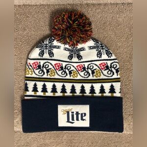 Miller Lite Beer Beanie Winter Hat Cap Toque White Navy Blue Pom Top Christmas